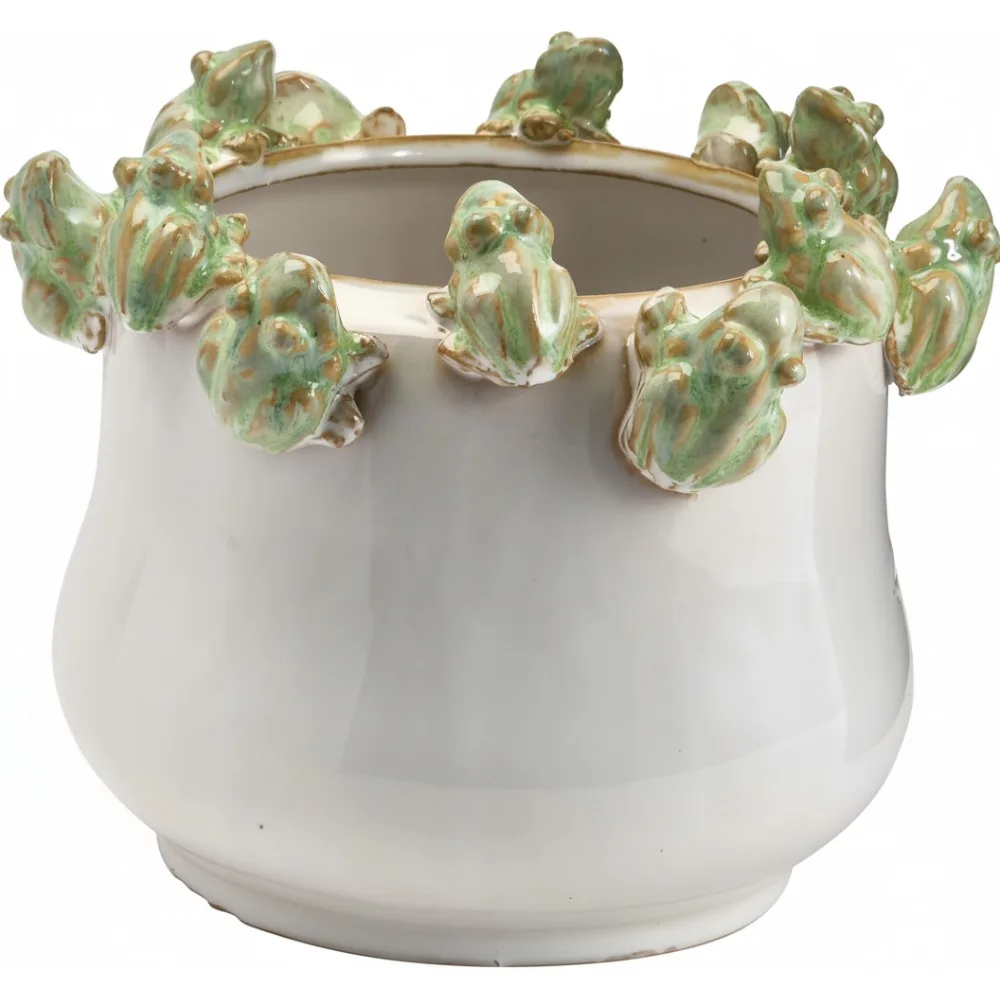 زارع الخزف الحجري المصنوع يدويًا مع ديكور الضفدع، طلاء تفاعلي لديكور الحديقة الداخلي والخارجي، نمط الكوخ