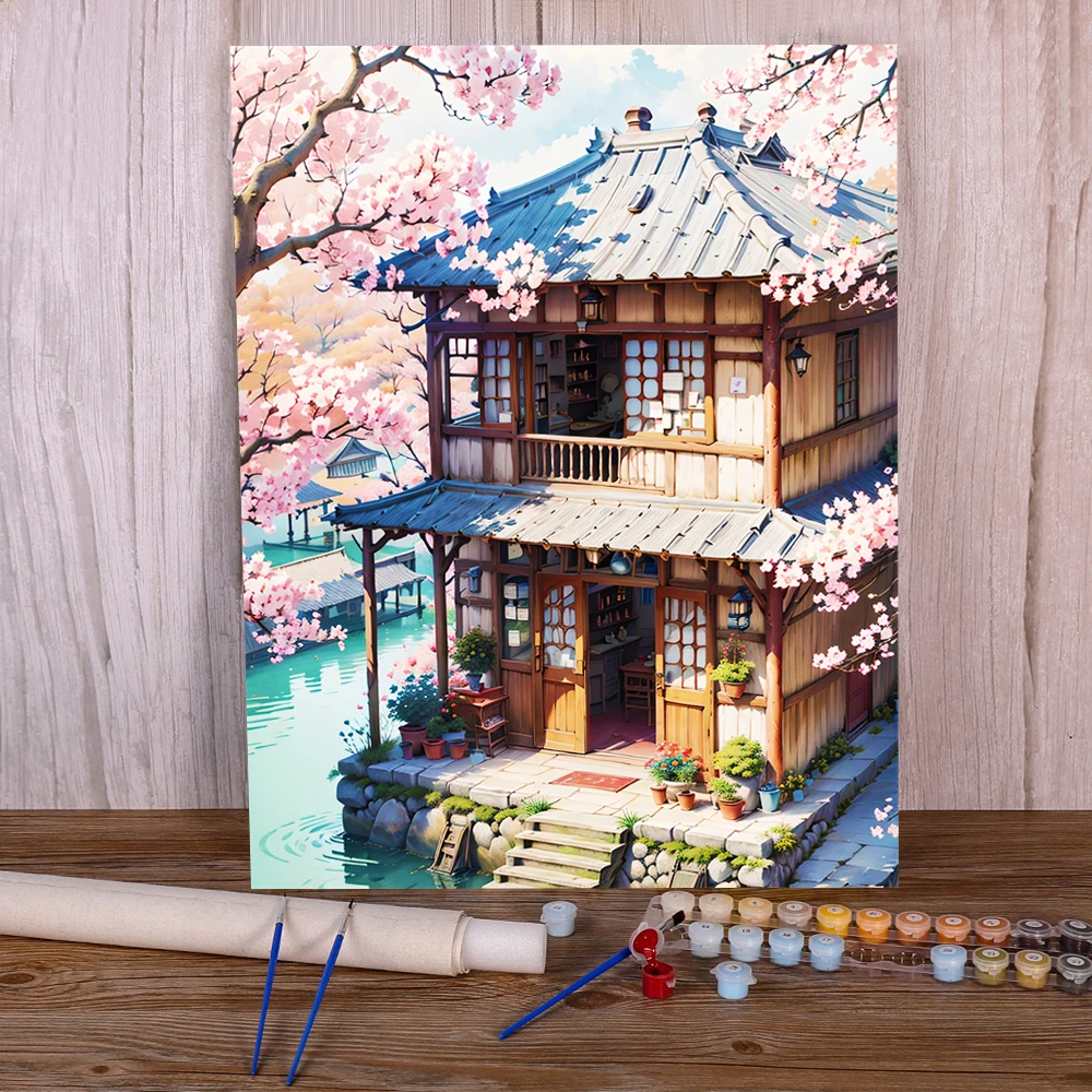 Japanese Sakura House Paint By Numbers 20x30 DIY Art Craft Kits For Adults Bedroom Decoration Gift For Wife Wholesale 2024 NEW