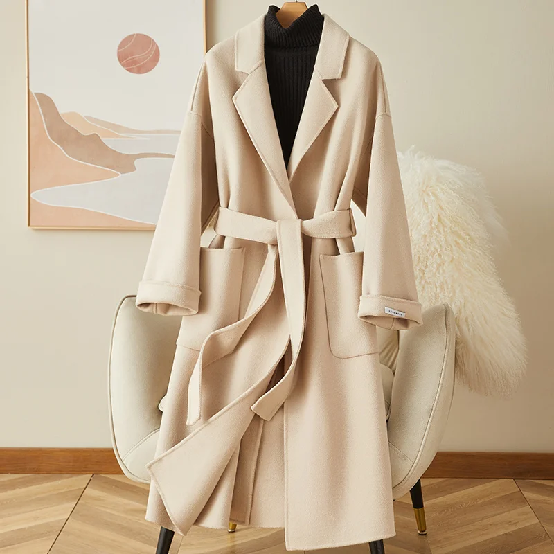 2023 Light Yellow Double-sided Cashmere Coat for Women's Mid Length Autumn/winter New Hepburn Style 100 Pure Wool Coat