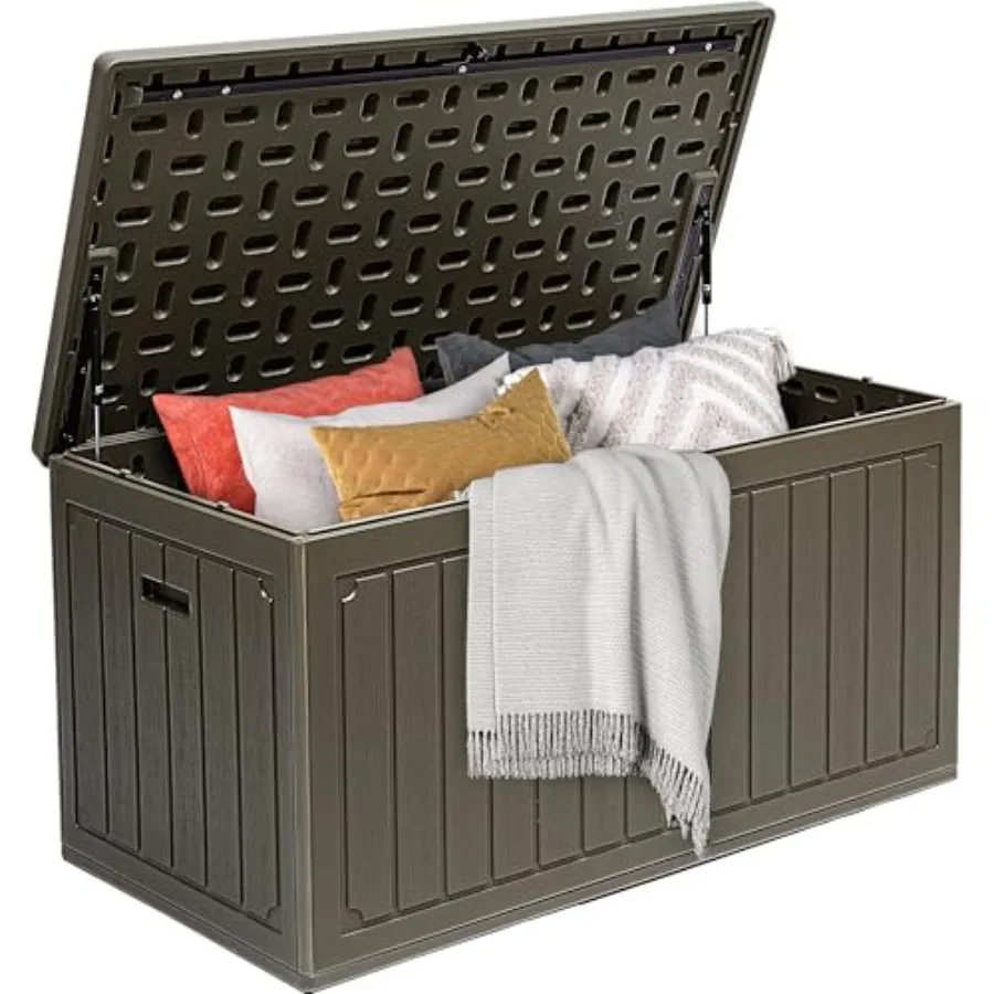 

90 Gallon Double-Wall Deck Box Large Resin Outdoor Storage Box Lockable Waterproof Double as Seating 450lbs Capacity Light Brow