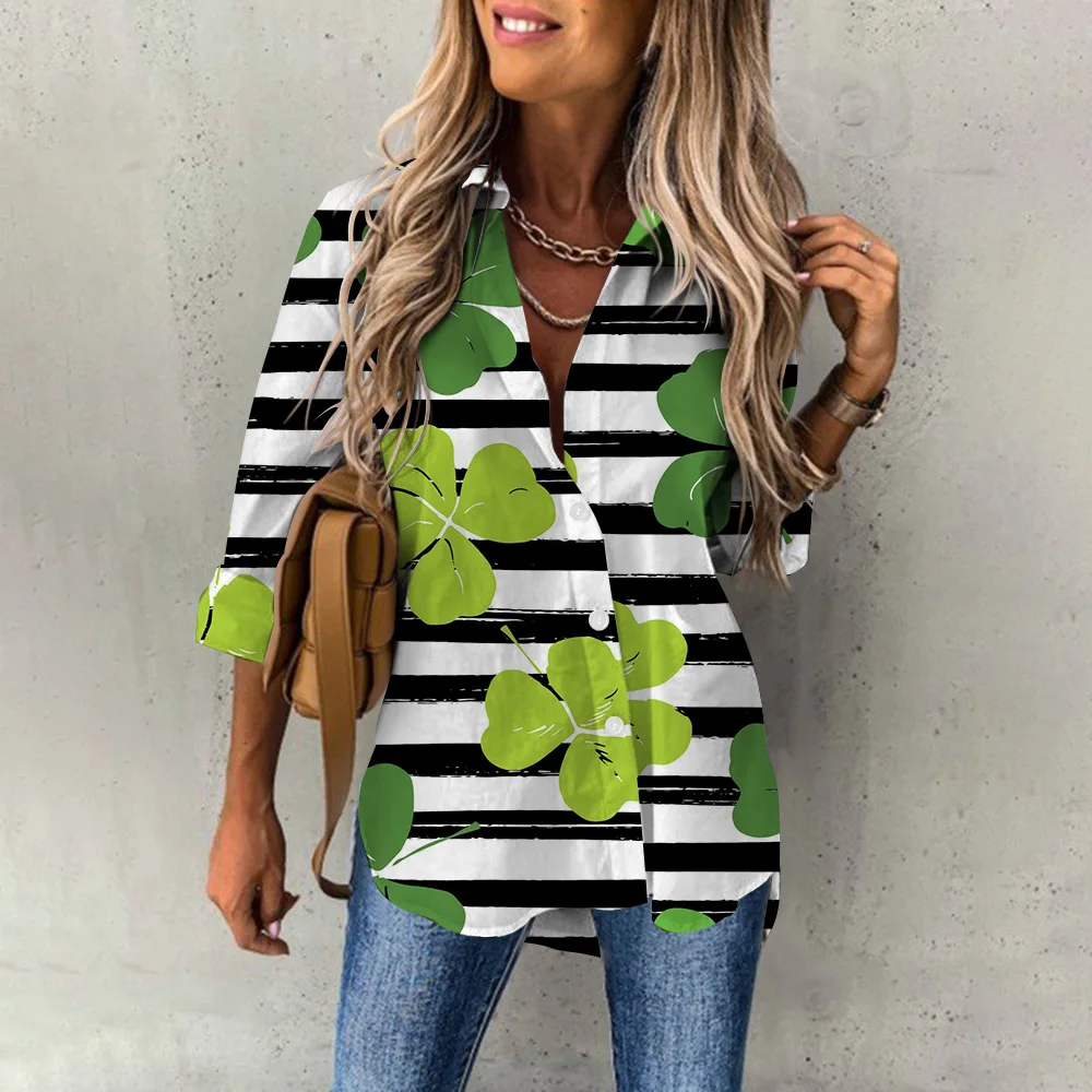 Spring Women's Blouse Long Sleeves Lucky Clover Printed Fashion Casual Button Down Shirts Daily Office Tops Female Clothing 2024