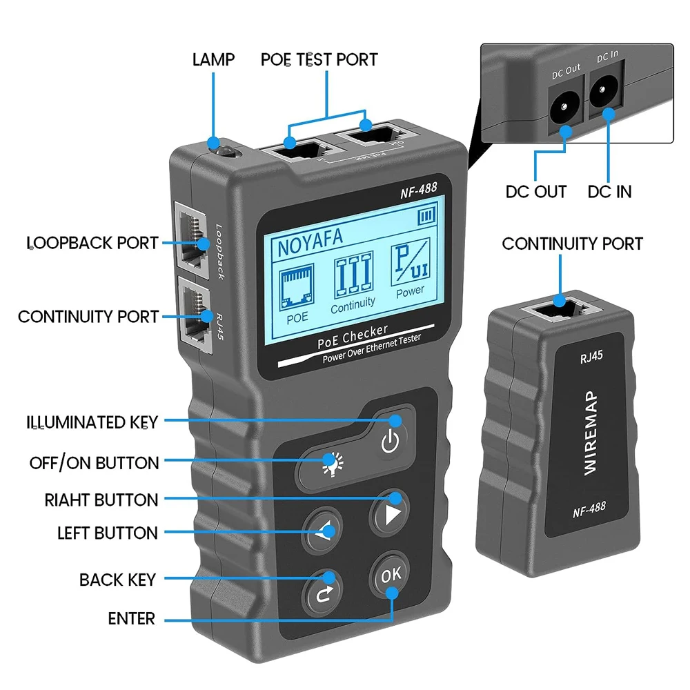 NOYAFA Network Cable Tester NF-488 Poe Ethernet Cable Tester Continuity Tester DC Power Switch Loop-Back Test for CAT5e/CAT6/6a