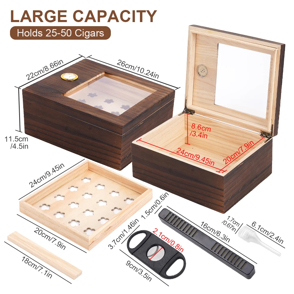 Humidor de puros con tapa de cristal, caja de puros con higrómetro, bandeja de madera de cedro, divisor, estuche de almacenamiento de madera, capacidad para 20-50 cigarros