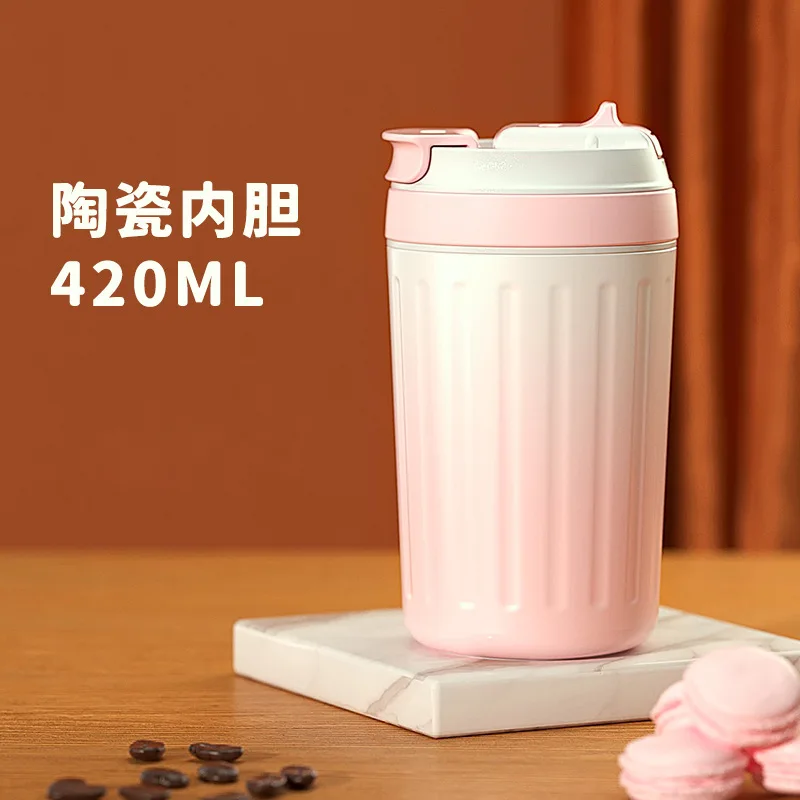 420ml High Beauty Portable High Capacity Double Drink Straw Ceramic Inner Liner 316 Insulated Coffee Hot or Cold Cup