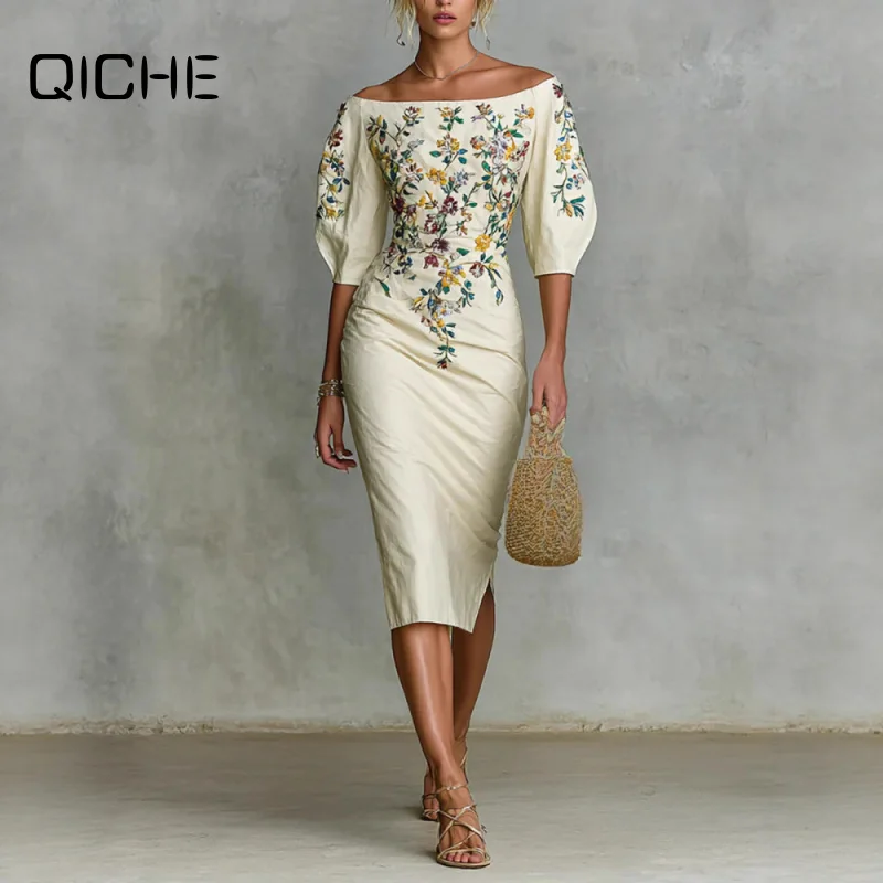 QICHE 2026 Fall New Women Elegant Off Shoulder Midi Sleeve Waist Cinch Bodycon Dress, European Style Party Dress