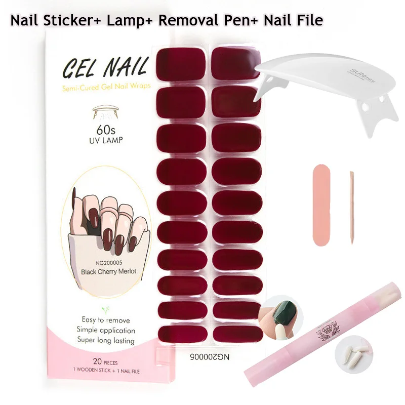 

4Pcs/Set Semi Cured Gel Nail Strips with Nail Dryer Nail File Wooden Stick Removal Pen Nails Sticker Set Press On DIY Manicure
