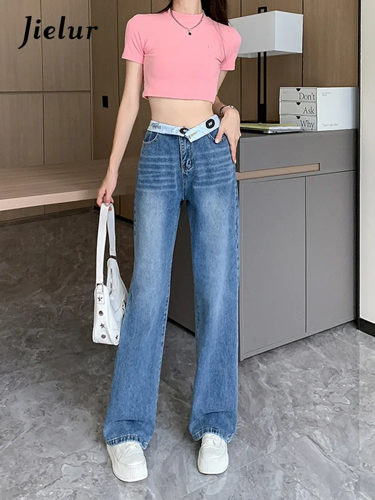 

Jielur Summer New High Waist Basic Simple Women's Jeans Slim Street Fashion Jeans Woman Blue Loose Chicly Young Pants Female