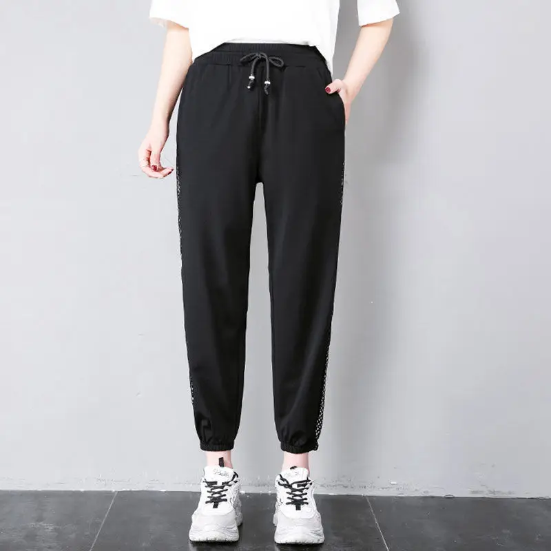 Summer Women's Commuter Large Solid Elastic High Waist Loose Gauze Hollow Out Pockets Casual Harlan Ice Silk Belted Sports Pants