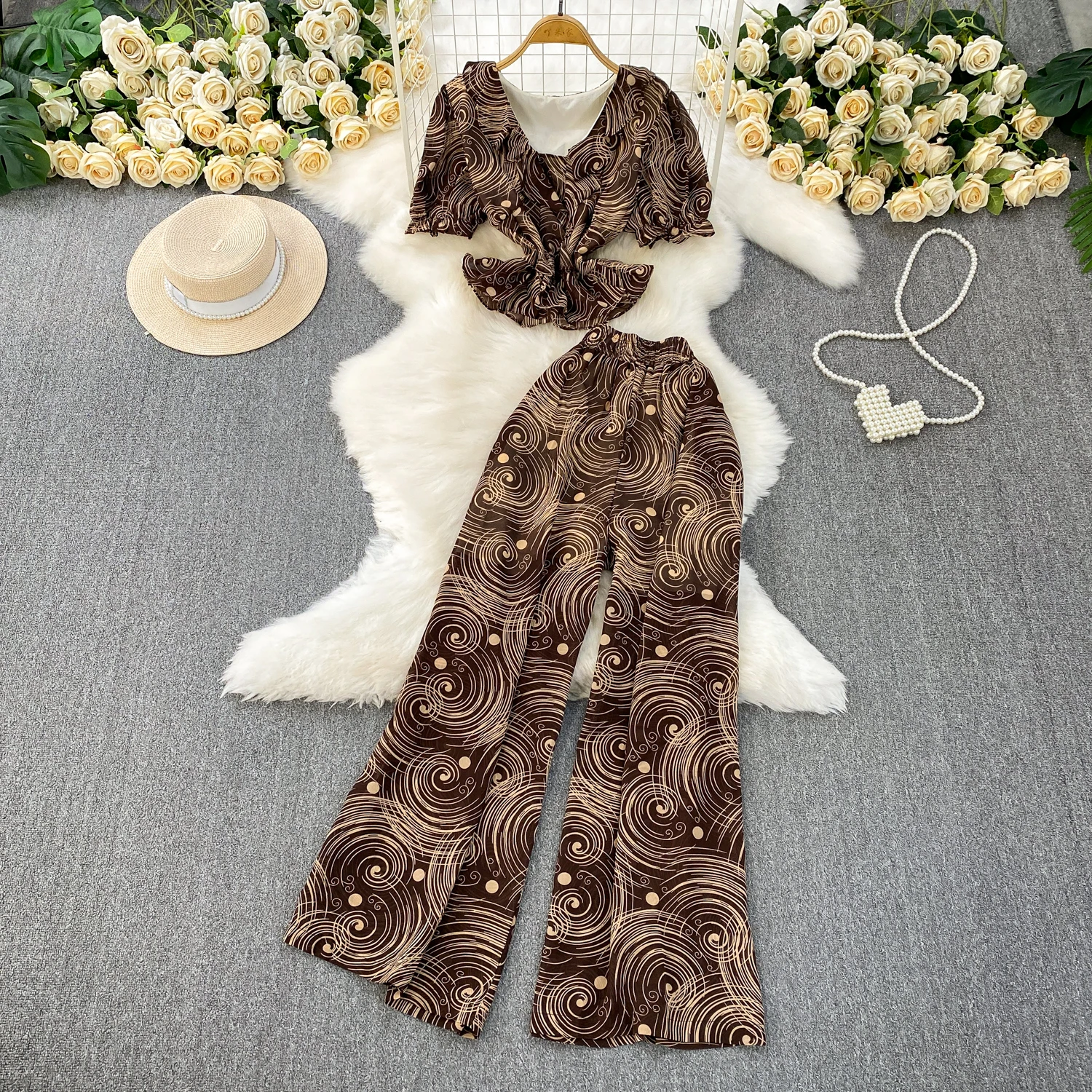 Summer Chiffon Pants Two-piece Set Ruffled V-neck Short Sleeved Tees Printed Wide Leg Trousers Suit American Fashion Women Sets