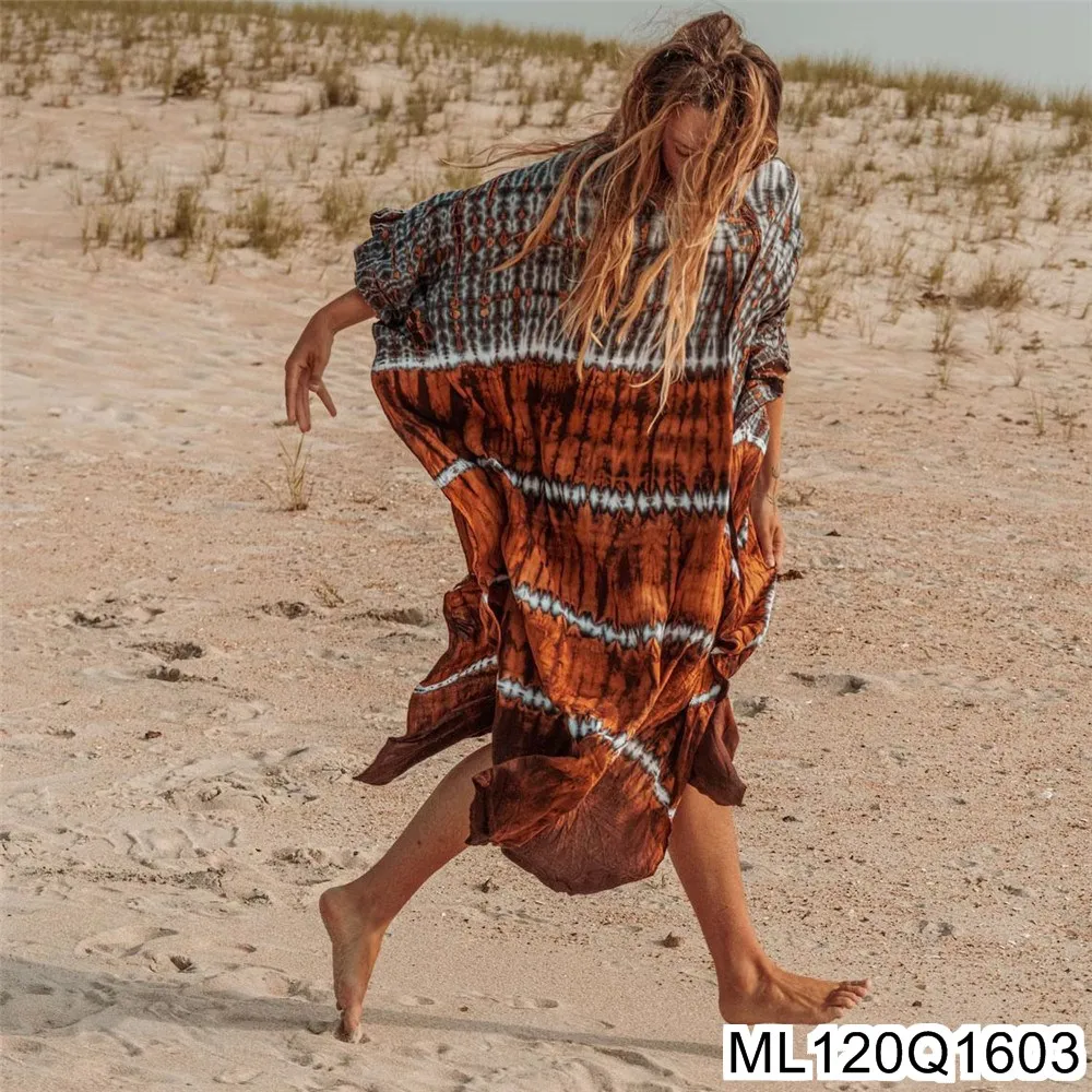 2025 ใหม่ผ้าฝ้ายเบาะ Tie-ย้อมพิมพ์ Beach Smock, วันหยุดหลวมชุดยาว, ชุดว่ายน้ํา, Smock Dress, ฤดูร้อน ML120Q16