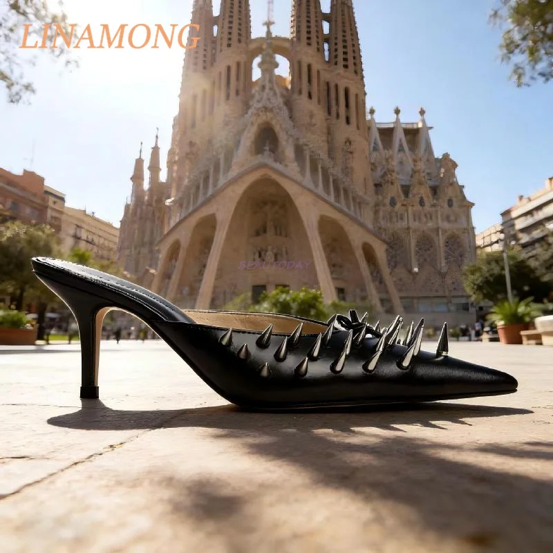 

Pointed Rivet Slippers Black Temperament Fashionable Toe Cover Shallow Mouth Simple Slim High-Heeled Sandalias De Mujer Verano
