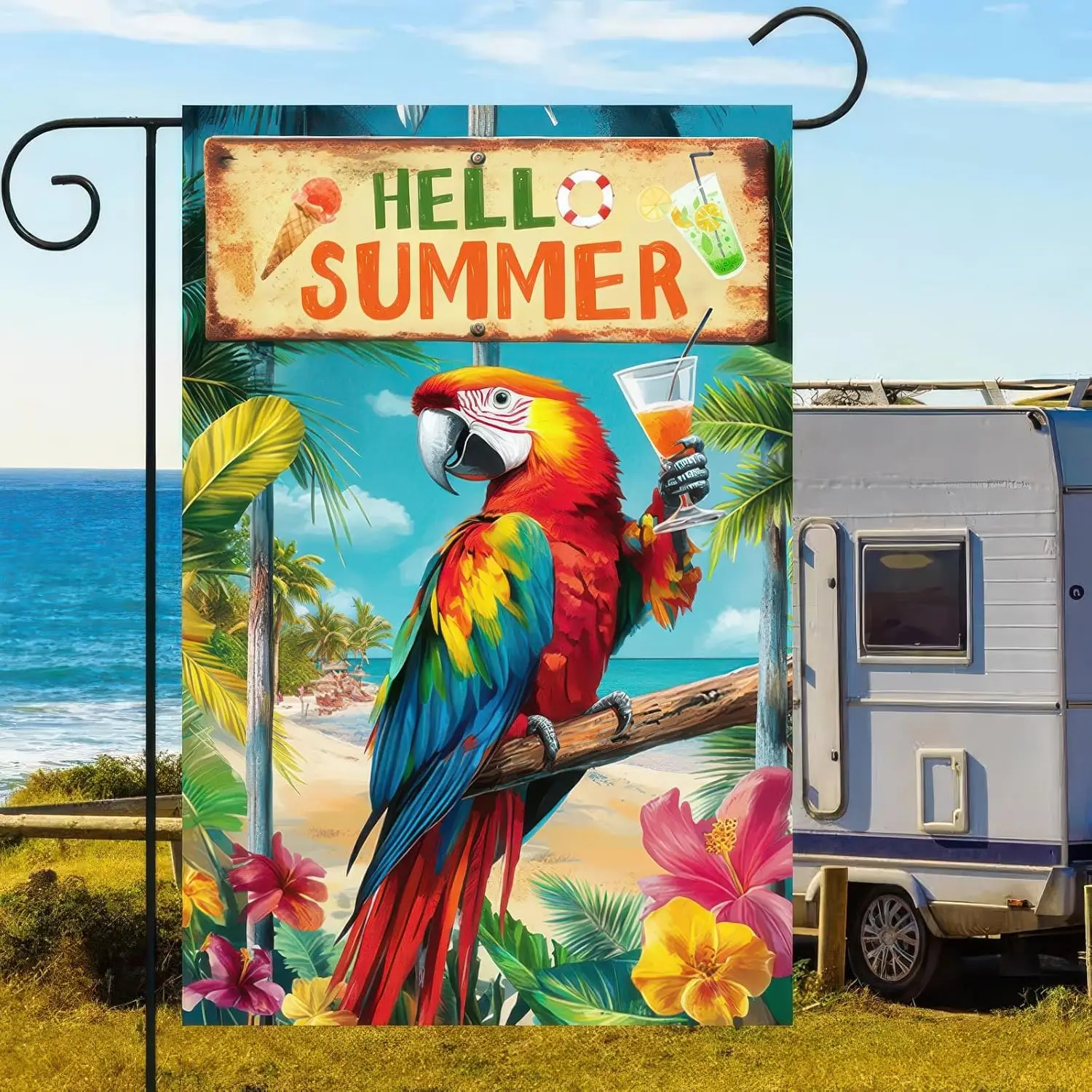 BlissYard Hello Summer Garden Flag 12x18 inch Double Sided Tropical Funny Parrot Flags Beach Welcome Themed Banner Colorful  WWP