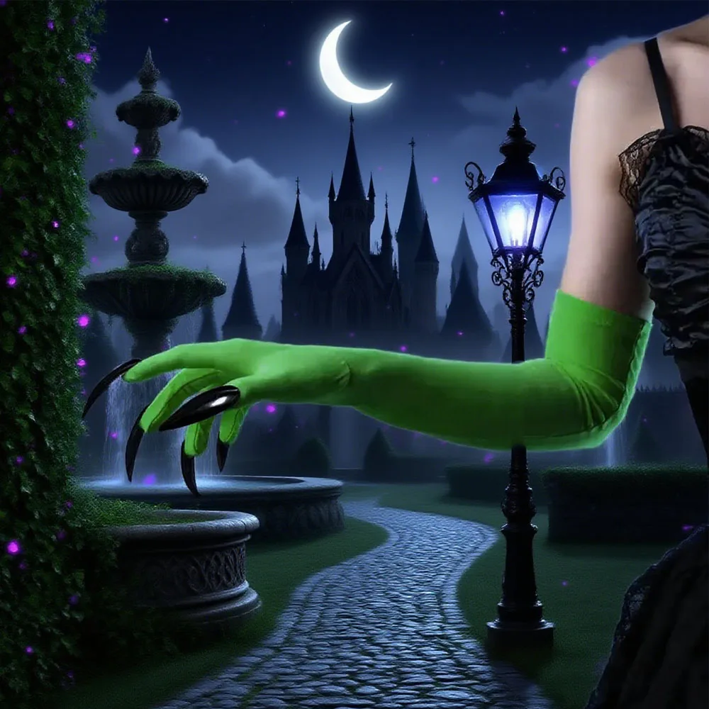 Verspielte Halloween-Handschuhe, Hexenklauen-Handschuhe mit langen Fingernägeln, Halloween-Hexenhut-Requisiten, Bühnenaufführung, Damen Denom