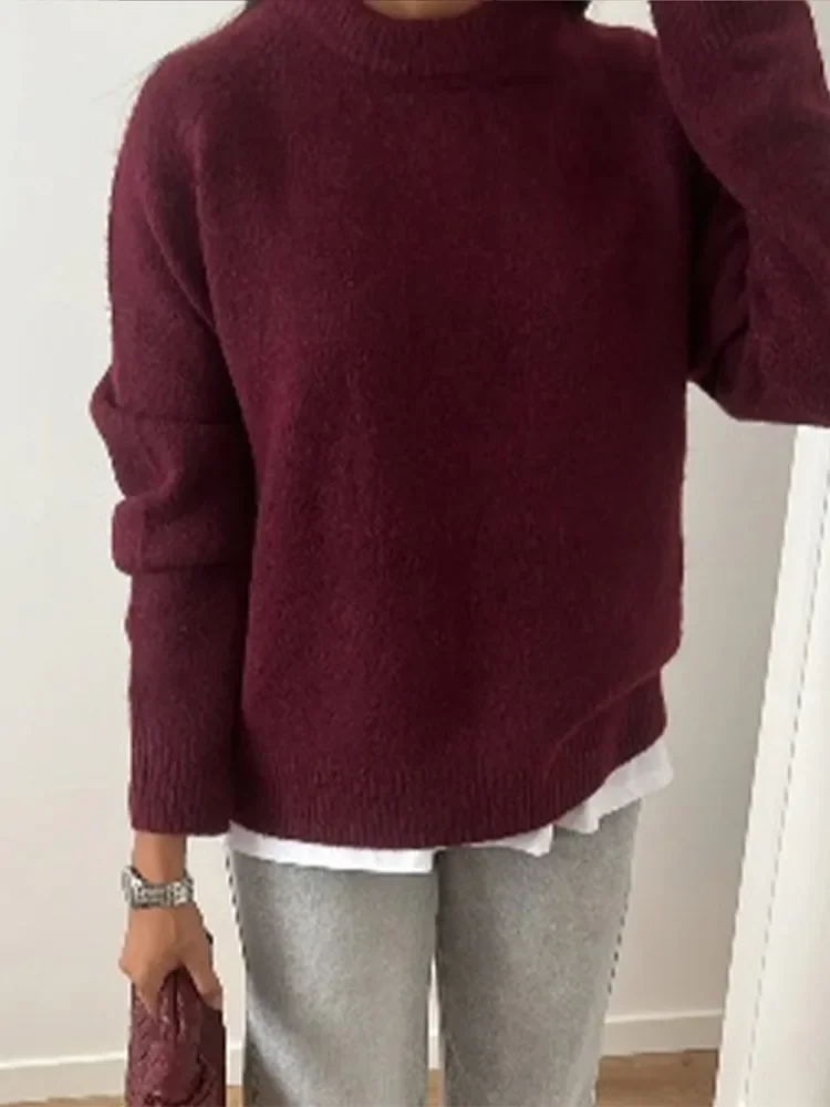 2024 New Woman Burgundy Color Knit Pullover Fashion O Neck Long Sleeve Sweater Autumn Winter Female Commute Chic Warm Pullovers