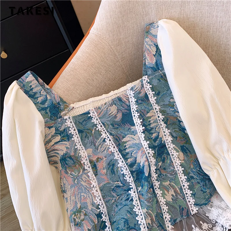 2024 Spring Elegant Sweet Square Collar Long Sleeve Shirt Women's Causal Chic Blouses Lace Hand Painted Chiffon Tees Top