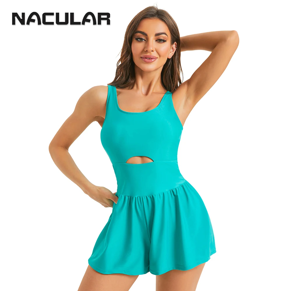 NACULAR Swimsuit Women Solid Sport Monokini Swimwear One Piece Bathing Beachwear Hollow Out Fitness Fashion Clothing Sport