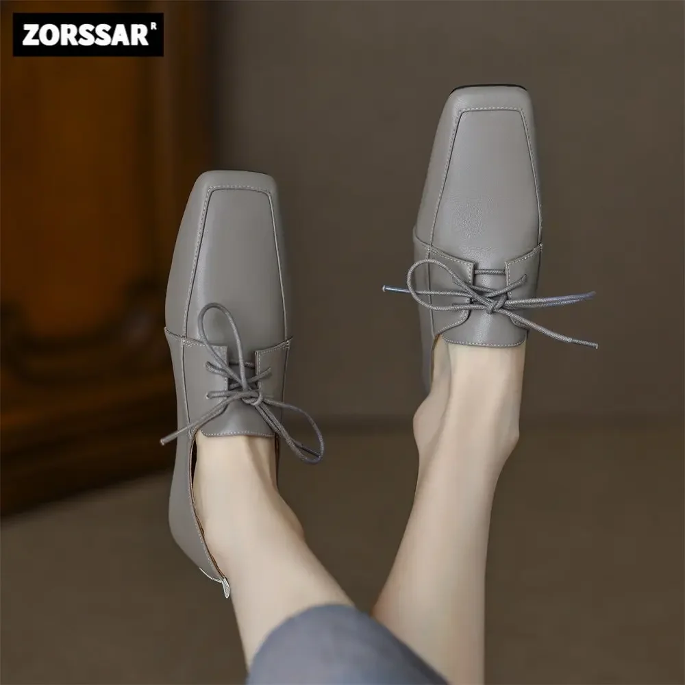 

Comfortable Flats Casual Shoes For Women Newest Autumn Concise Square Toe Genuine Leather Lady Footwear Black Grey 40