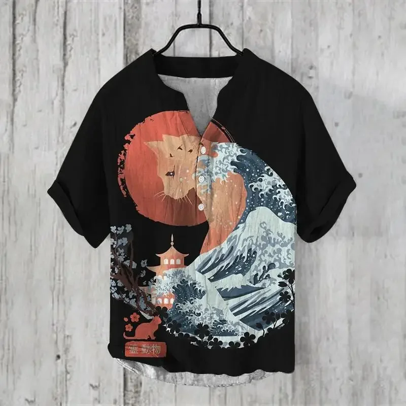 

2024 Summer New Men's Fashion Linen Short Sleeve T-shirt Transnational Men's Button V-neck Art 3D Printed Top S-5XL