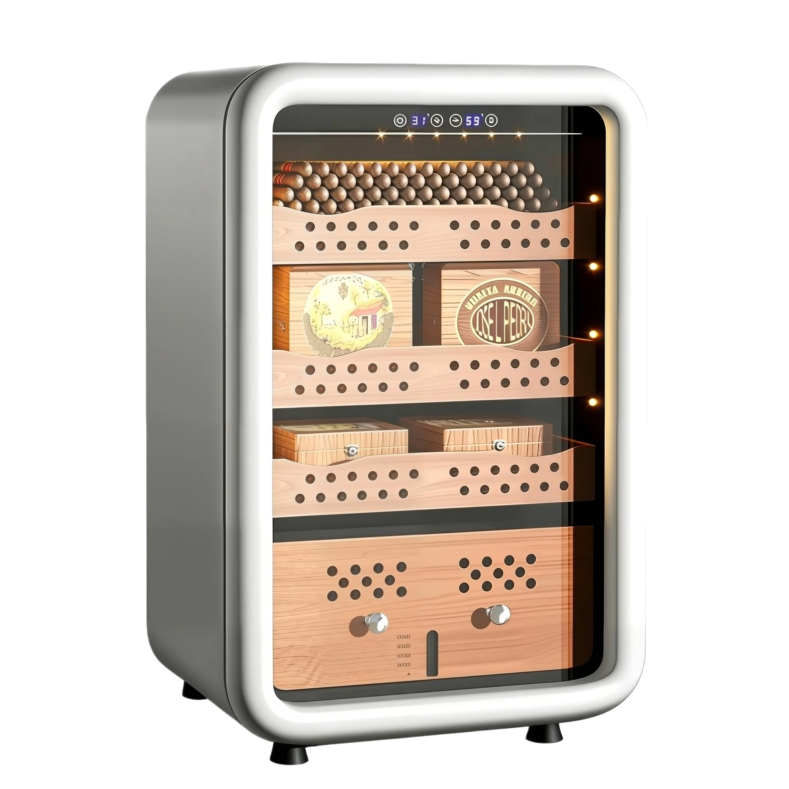 Curved Cigar Cabinet Can Hold 500 Cigars. It Is a Compact Desktop Cigar Box Cooled by a Compressor