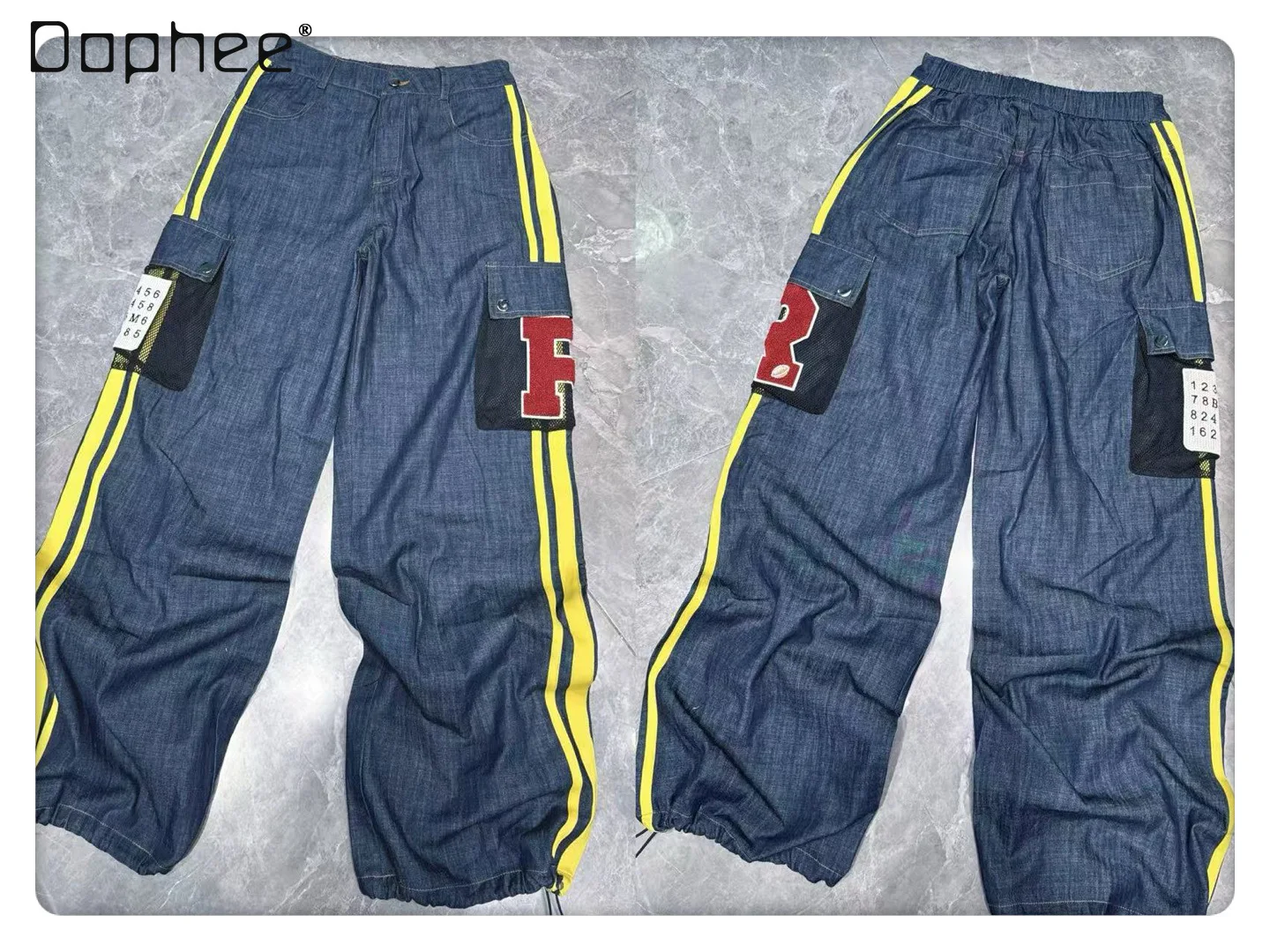 

European Straight-leg Pants Women's 2025 Summer New Repair Heavy Industry Letter Labeling Large Pocket Yellow Jeans Baggy Jeans