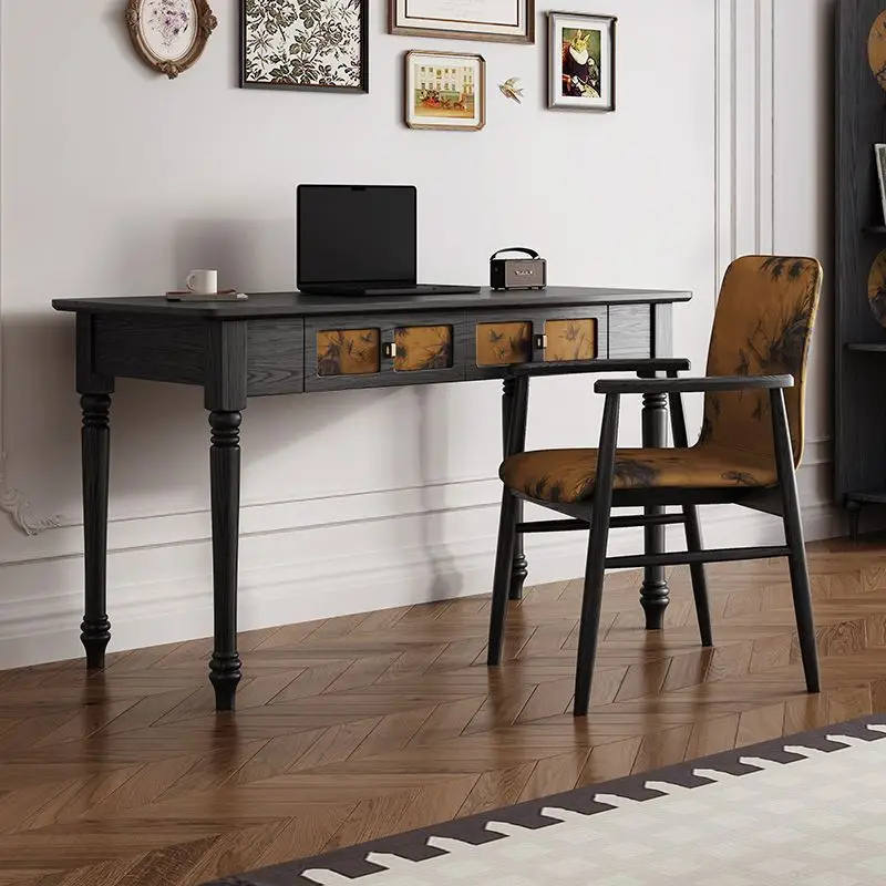 French solid wood desk fragrant cloud yarn retro black calligraphy table light luxury household ash wood leg desk full solid woo