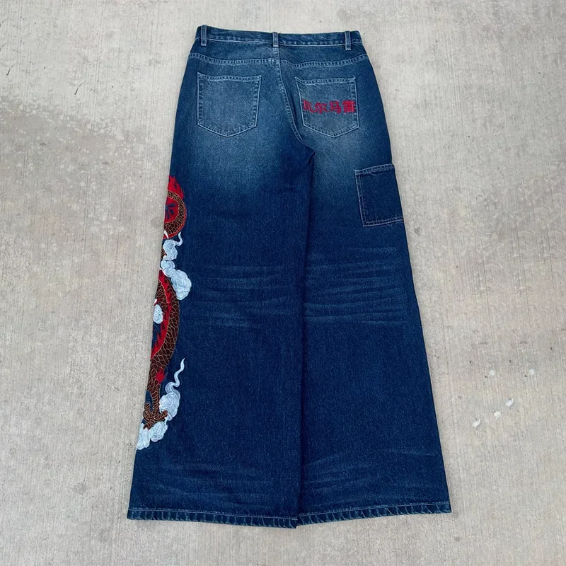 Celana Jeans Baggy Biru Vintage Y2K Bordir Loong Cina Gaya Harajuku Hip Hop High Street Ripple Wash Unisex Model Lurus