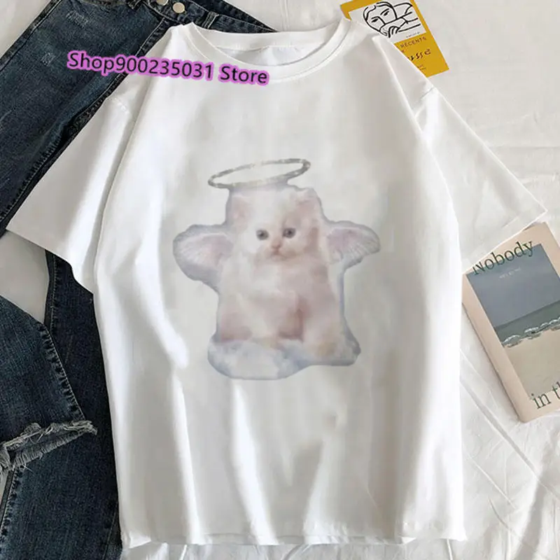 Cute Angel Cat Tshirts Woman Printed Aesthetic T Shirts Round Neck Korean Style T-Shirts For Women's Vintage Harajuku Clothing