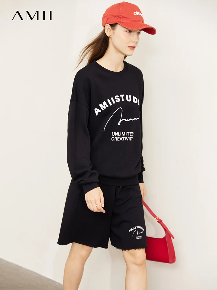 AMII Minimalist Sweatshirts Women 2023 Spring 100% Cotton Fashion Letter Sweatshirt Elastic Waist Short Pant Separately 12341161