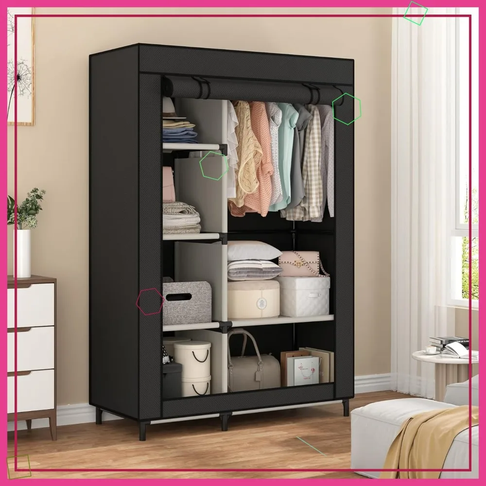 

Portable Closet Organizer with 6 Shelves, Hanging Rod, and Side Pockets for Clothing Storage in Black