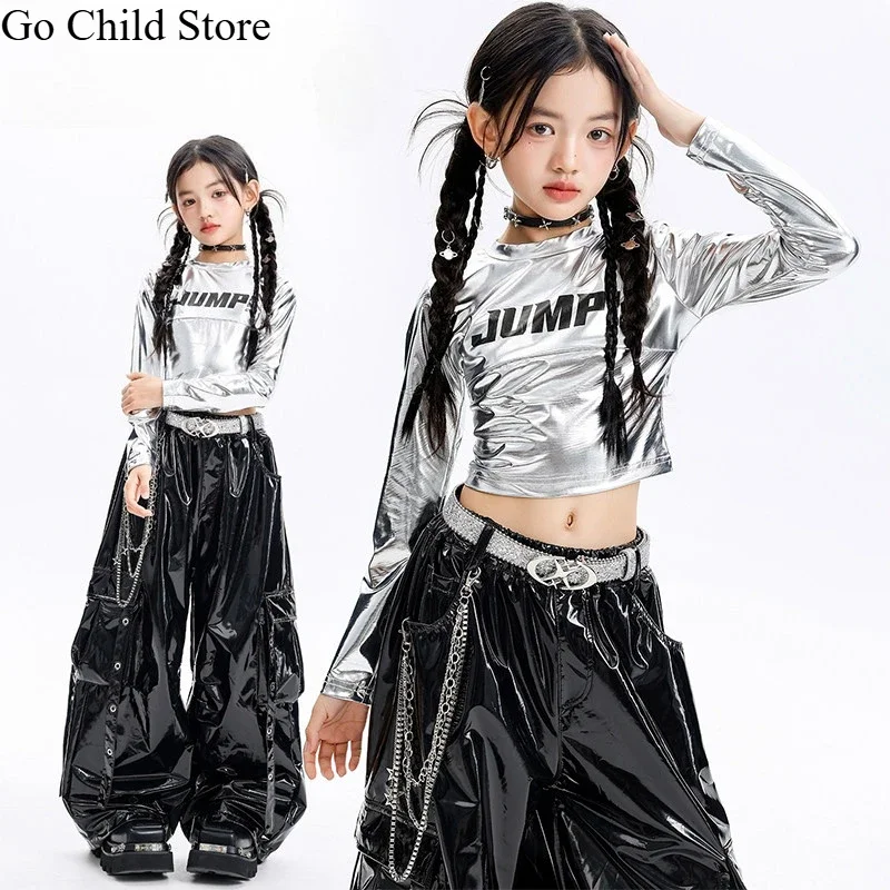 Girls Hip Hop Cool Shiny Crop Top Street Dance Cargo Pant Children K-pop Jazz Streetwear Clothes Sets Kids Girl Group Costumes