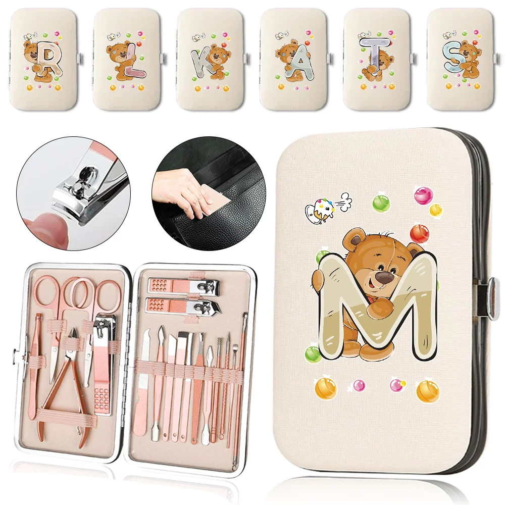 

18Pcs Portable Nail Clipper Manicure Set Stainless Steel Pedicure Trimmer Tool Kit Multifunctional Organizer Bear Letter Pattern