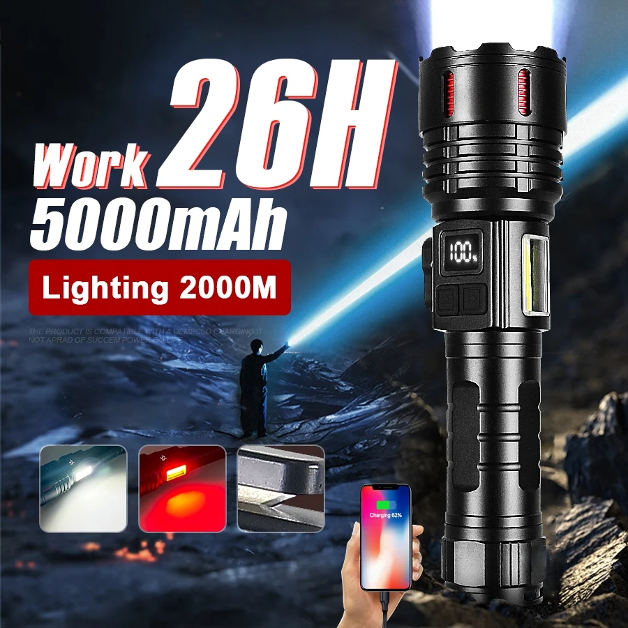 

2025 Powerful LED Flashlight 5000Mah Rechargeable Flashlight 2000M Long Range Ultra Powerful LED Torch Magnet Tactical Lantern