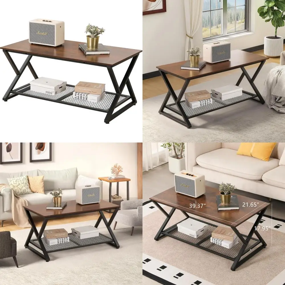 

Industrial Style Metal and Wood Coffee Table with Storage, 39 Rectangular Vintage 2-Tier Shelf for Living Room, Brown