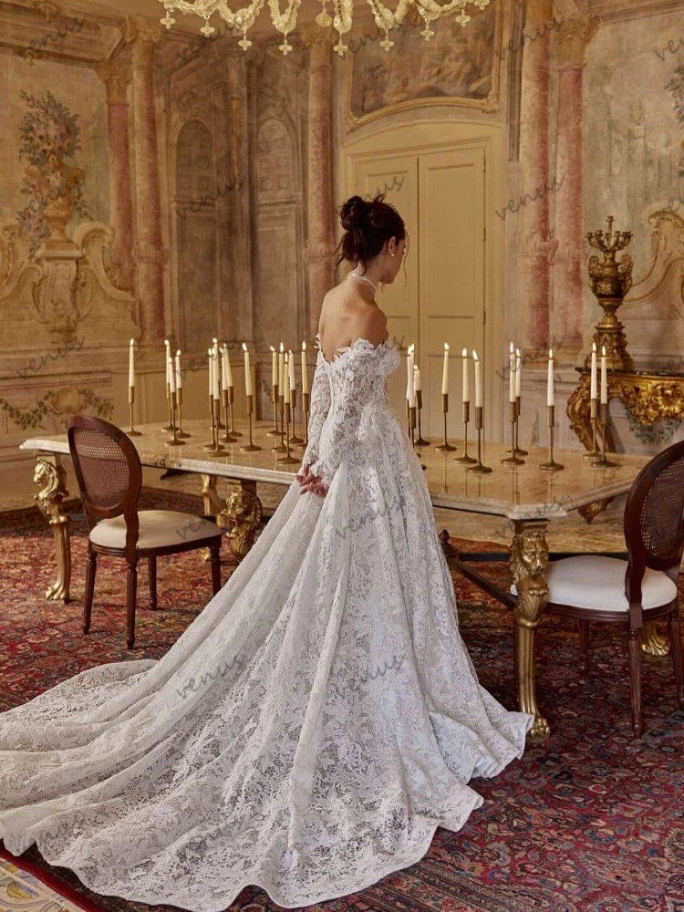 فساتين زفاف رائعة A Line فساتين زفاف براقة دانتيل زينة قبالة الكتف رداء Vestidos De Novia مخصص 2025