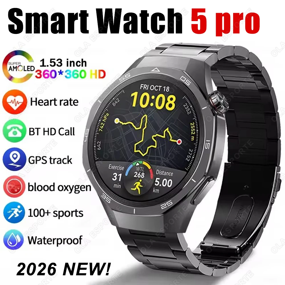 2026 New Watch5 PRO Smart Watch Men AMOLED HD Screen Sports 