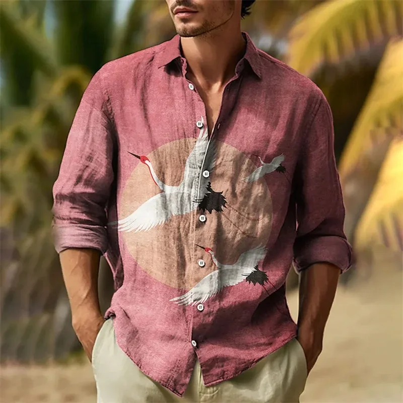 Men's collar long sleeved linen flying crane series pattern 3D printed casual Hawaiian oversized shirt s-5XL