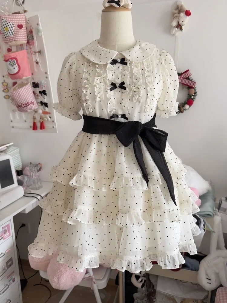 

Sweet Peter Pan Collar Wave Point Cake Skirt for Women Summer Slim Waist Bow Lace Up Skirts 2025 New Short Sleeve Vestidos Mujer