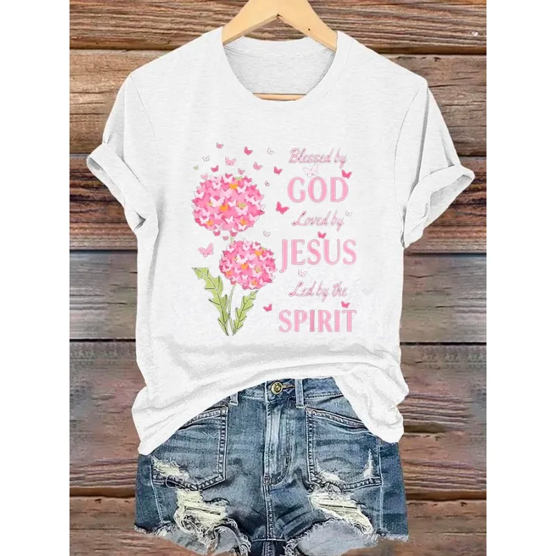 ilstile Women's God Jesus Spirit Letter Print T-Shirts Summer Short Sleeve Casual Round Neck Tops Black White Blue Grey Tees