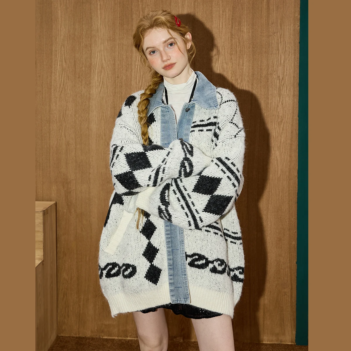 Kurtka patchworkowa z dzianiny, designerski kardigan oversize, luźny krój z obniżonymi ramionami, luksusowy damski płaszcz zimowy premium z mieszanki denimu, styl vintage.