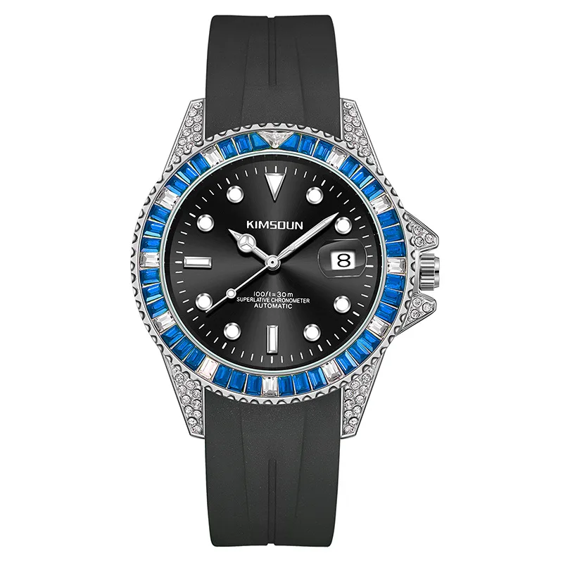 Relógio Submariner Automático Masculino, Escala Rotativa com Alça de Borracha, Incrustada de Diamantes Artificiais, Função Calendário, 42mm