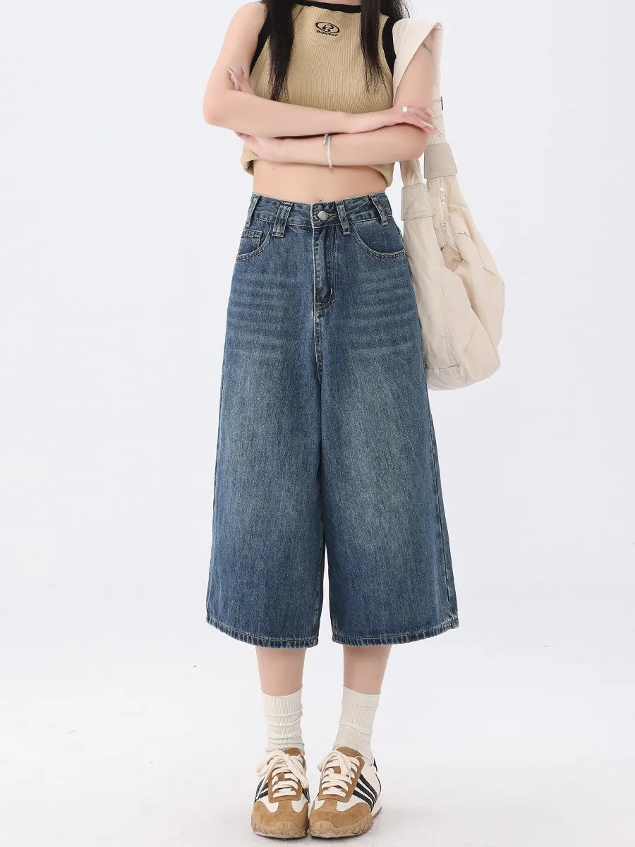 

Low Waist Wide Leg Seven-Foot Women's Jeans American Style Summer New Vintage Straight Cut Denim Pants Mid-Calf Length