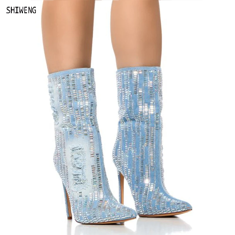 

Crystal Diamond Sexy Cowboy Boots Women Blue Denim HIgh Heels Pointed Toe Bling Mid Calf Boots Luxury Designer Winter Shoes 44