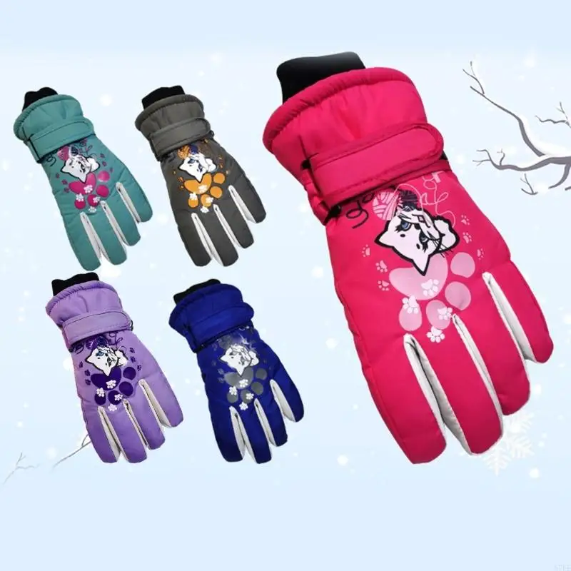 57ee Kids Snow Ski Glove Warme Suedes bekleed Long Cuff Winter Waterdichte wanten Leuke cartoonafdruk voor jongensmeisjes