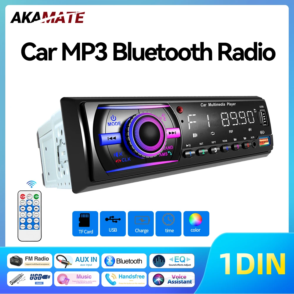 

AKAMATE Автомобильный радиоприемник 1Din MP3 Мультимедийный плеер FM-радио Поддержка зарядки телефона Bluetooth EQ AUX USB Автомобильные универсальные красочные кнопки