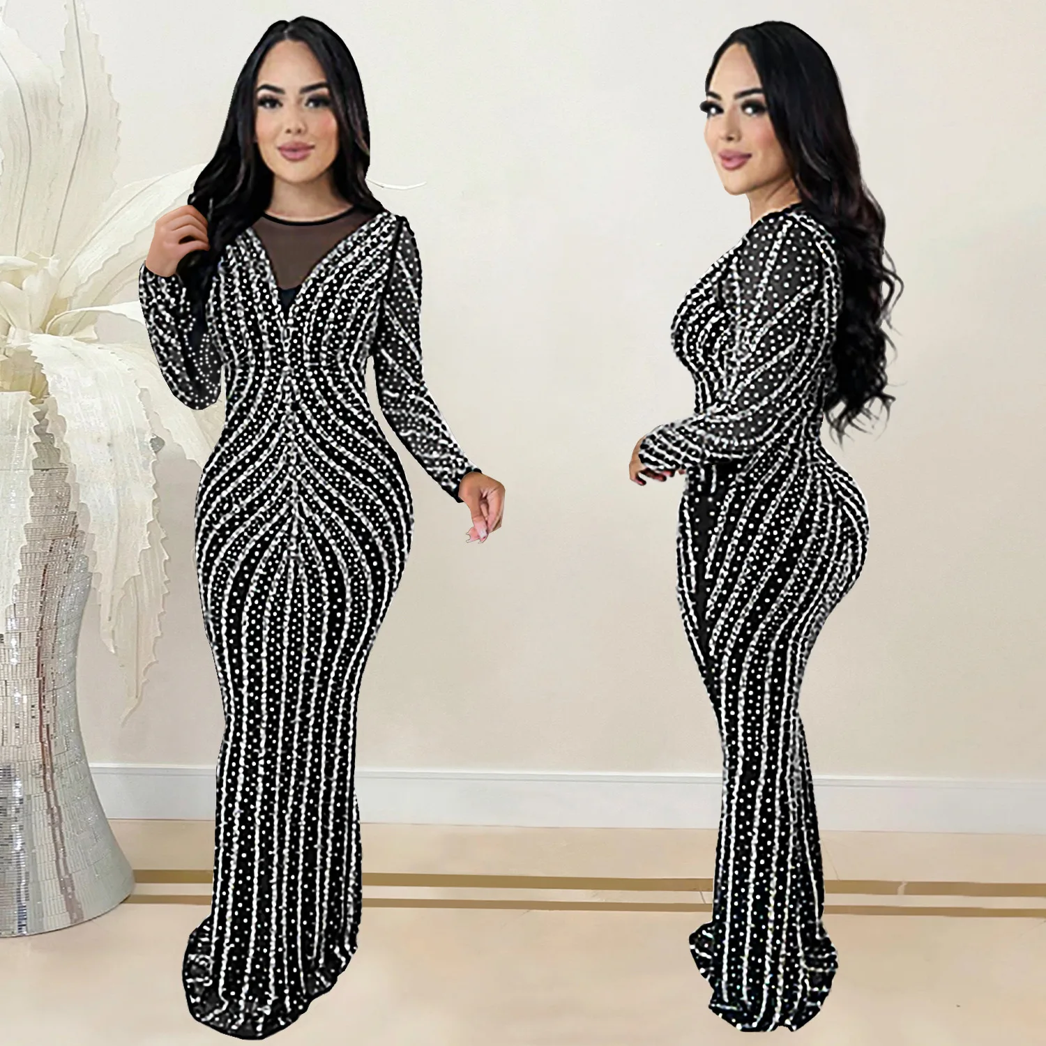 

Черная модная женская одежда, облегающее длинное платье Hot Diamond, сетчатое платье с длинными рукавами, сексуальное и тонкое, высококачественное, простое.