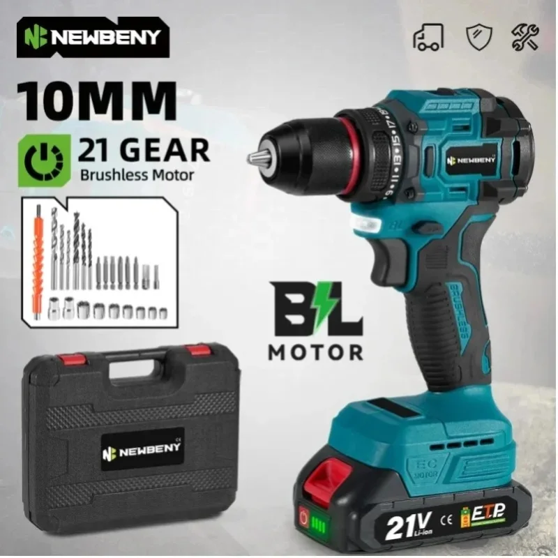 NEWBENY 21+2 Drehmoment Bürstenloser Elektrobohrer 10MM Akku-Schrauber Heimwerker-Elektrowerkzeug-Set für Makita 21V Akku