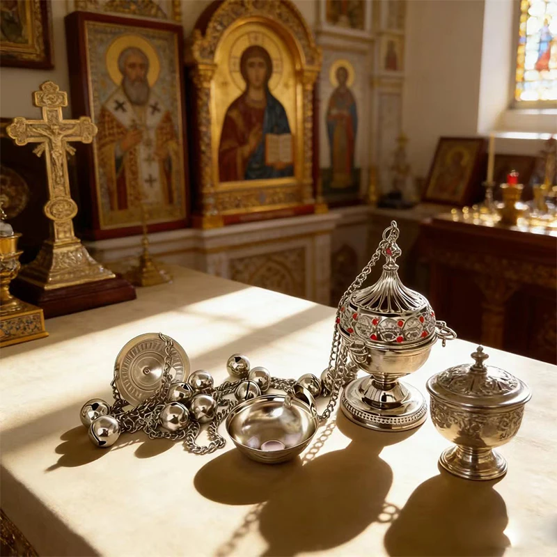 

New Vintage Silver Plated Orthodox Censer with Red Gems and Chain for Church Liturgy Home Altar Prayer Devotion Christian Gift