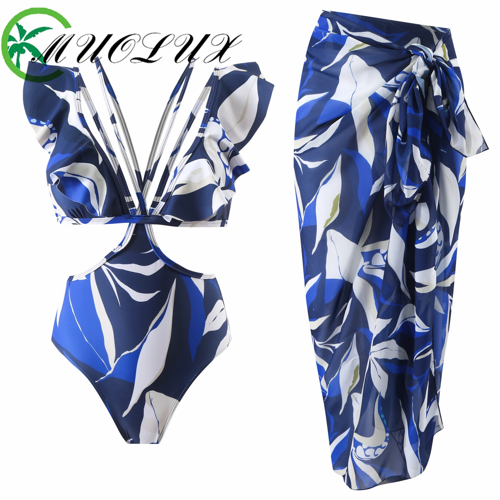 

MUOLUX 2024 Summer New Printed French One Piece Women's Swimsuit Set Hollow out Bikini Sexy Chiffon Skirt Two Piece Swimwear Set