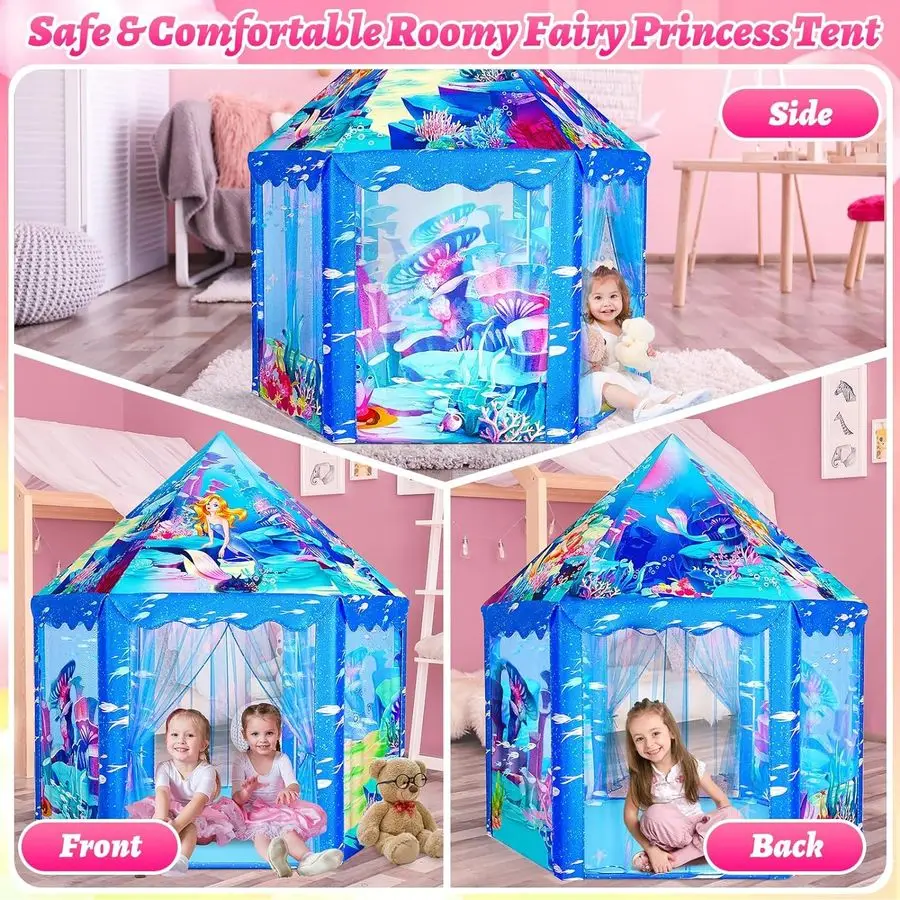 خيمة لعب حورية البحر للأطفال، بيت مسرح كبير للفتيات بعمر 312 عامًا، لعبة قلعة داخلية وخارجية للأطفال الصغار، 55 × 53 DxH