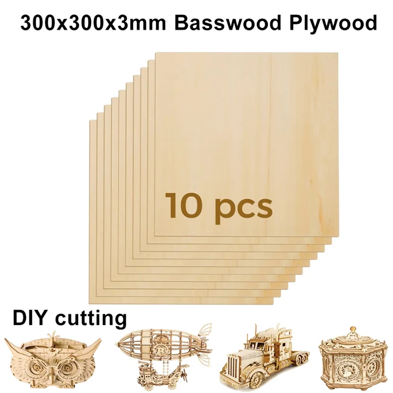 Folhas de madeira finas inacabadas para corte a laser, madeira compensada Basswood, placa leve do ofício, modelagem DIY, 300x300x3mm, 10pcs